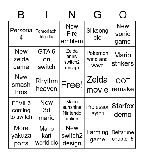 Nintendo direct June 9 2026 Bingo Card