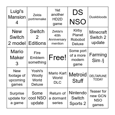 Nintendo Direct 6/9/2026 Bingo Card