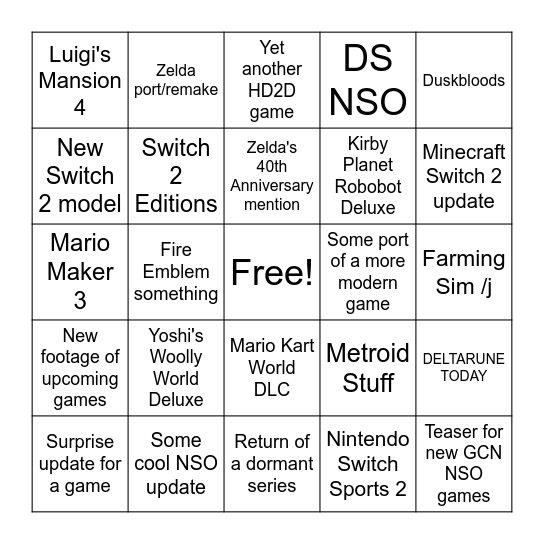 Nintendo Direct 6/9/2026 Bingo Card