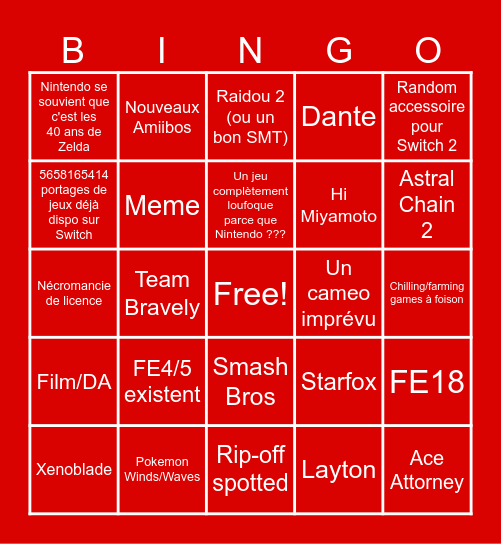 Nintendo Direct Bingo Card