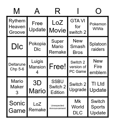 Nintendo direct 10/6/26 Bingo Card