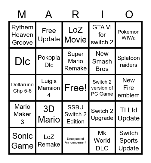 Nintendo direct 10/6/26 Bingo Card