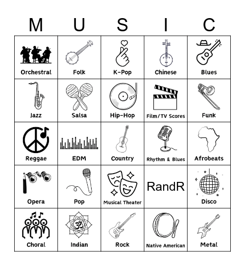 Music Styles Bingo Card
