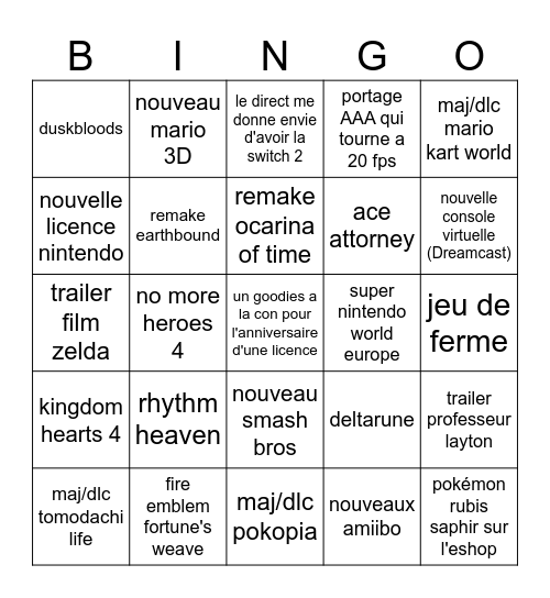 Nintendo Direct 09/06/2025 Bingo Card
