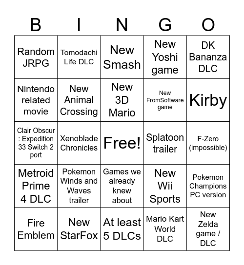 Nintendo Direct 09/06/2026 Bingo Card