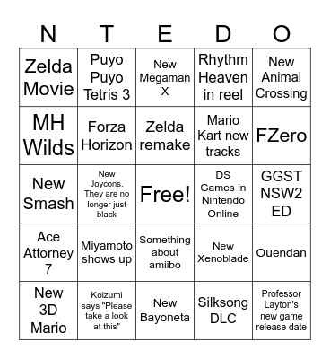 Nintendi Darukt Bingo Card