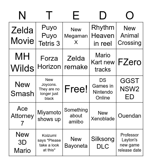 Nintendi Darukt Bingo Card