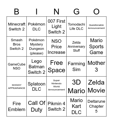 Nintendo Direct 2026 Bingo Card