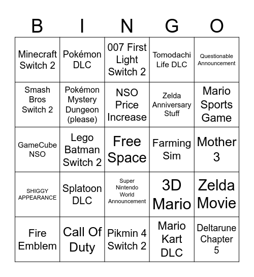 Nintendo Direct 2026 Bingo Card