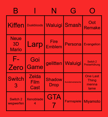 Nintendo Direct Bingo Card
