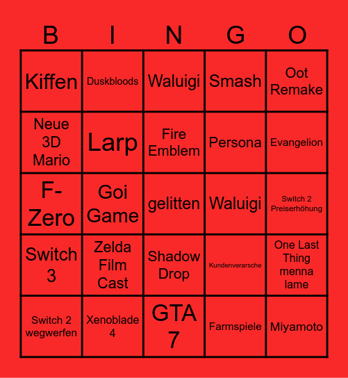 Nintendo Direct Bingo Card