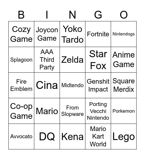 Nintendo Direct 09-06-2026 Bingo Card