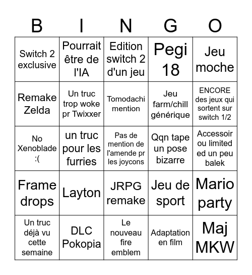 Nintendo Direct 9/6 Bingo Card