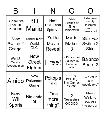Ninendo DIrect Bingo Card