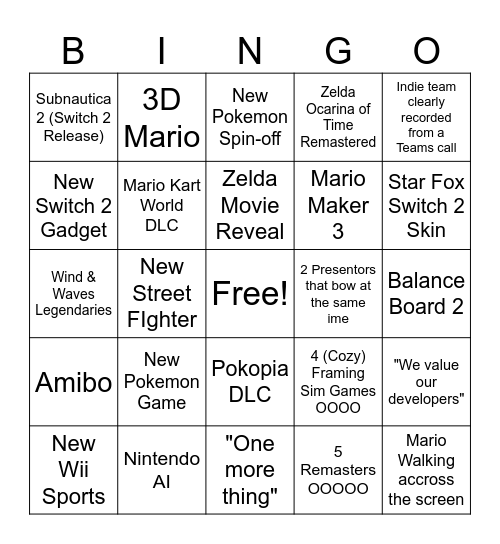 Ninendo DIrect Bingo Card