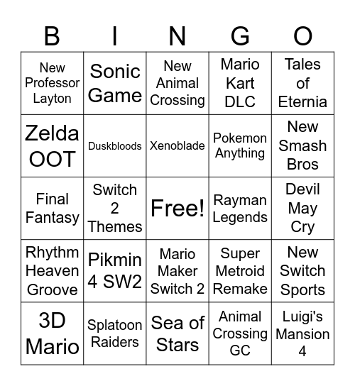 Nintendo Direct June 2026 Bingo Card