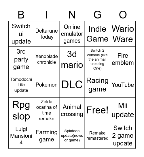 Nintendo direct  6/9/26 Bingo Card