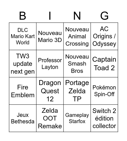 Nintendo Direct Bingo Card