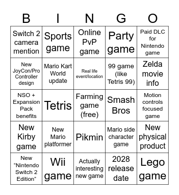 June 2026 Nintendo Direct Bingo Card