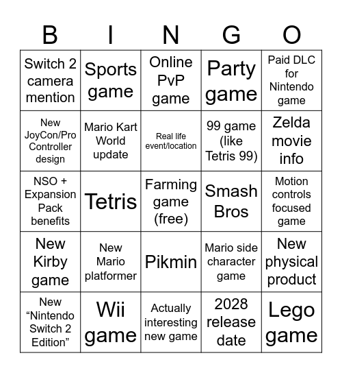 June 2026 Nintendo Direct Bingo Card