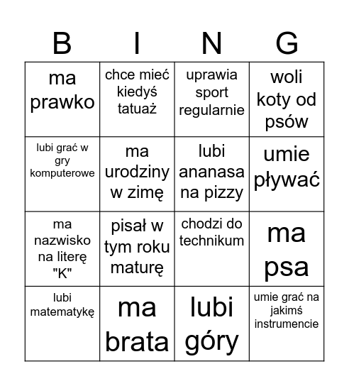 ZNAJDŹ KOGOŚ KTO... Bingo Card
