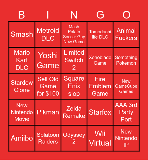 Nintendo Direct Bingo Card