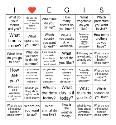 English Board Game Bingo Card
