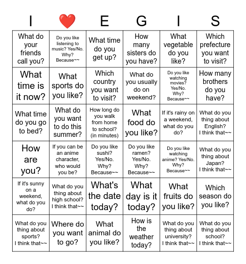English Board Game Bingo Card