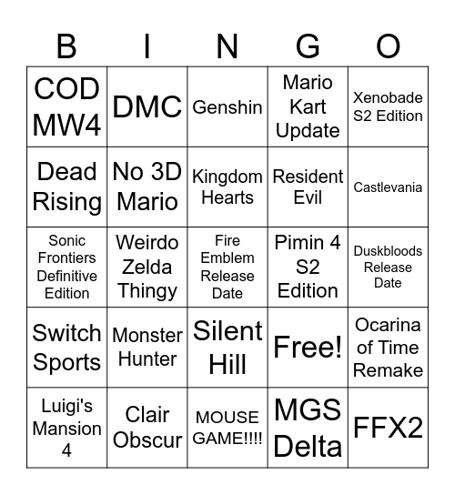 June 2026 Nintendo Direct Bingo Card