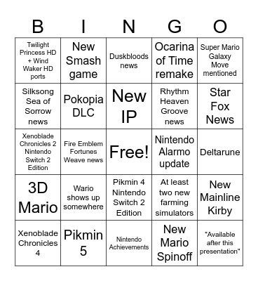 Nintendo Direct June 2026 Bingo Card