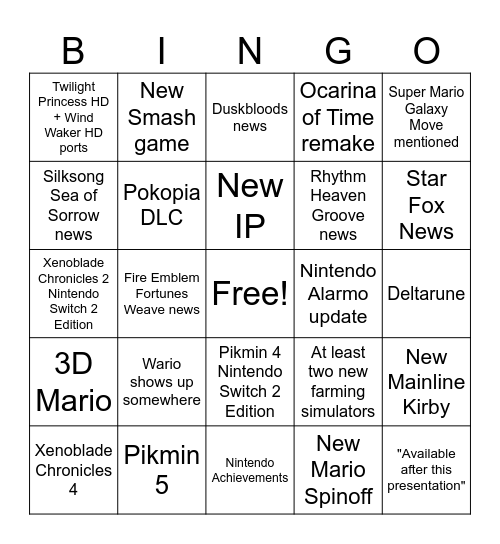 Nintendo Direct June 2026 Bingo Card