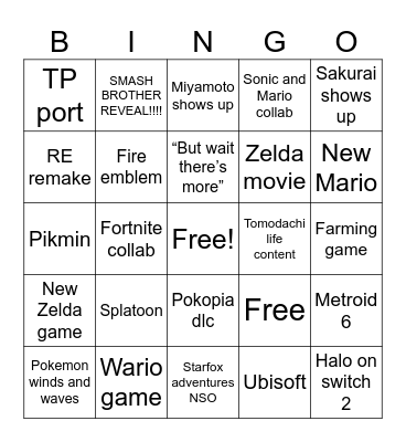 Nintendo direct Bingo Card