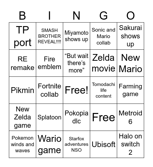 Nintendo direct Bingo Card
