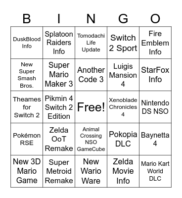 Nintendo Direct 09-06-2026 Bingo Card