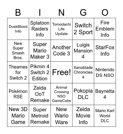 Nintendo Direct 09-06-2026 Bingo Card