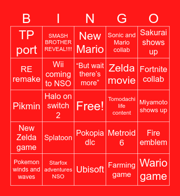 Nintendo Direct Bingo Card