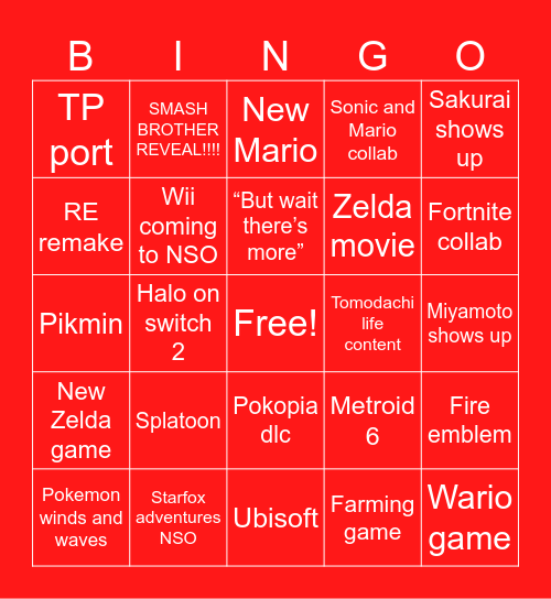 Nintendo Direct Bingo Card