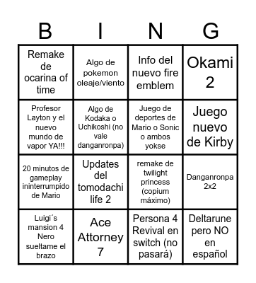 NINTENDO DIRECT Bingo Card