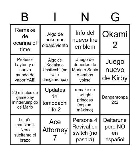 NINTENDO DIRECT Bingo Card