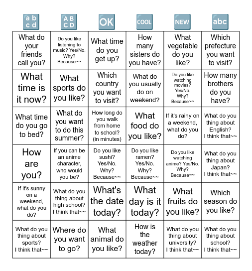 English Board Game Bingo Card