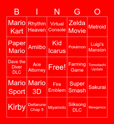 NINTENDO DIRECT 2026 Bingo Card
