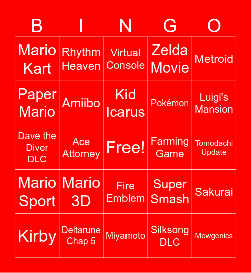 NINTENDO DIRECT 2026 Bingo Card