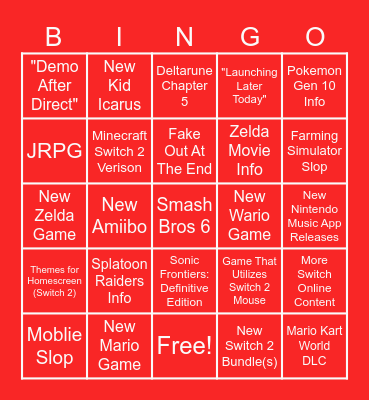 Nintendo Direct 6.9.2026 Bingo Card