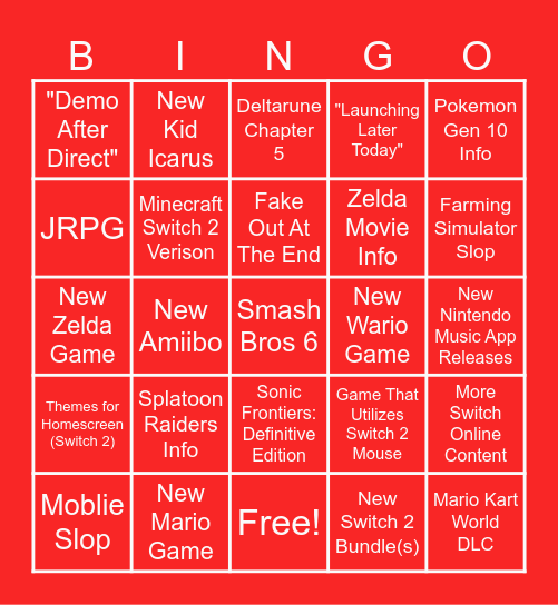Nintendo Direct 6.9.2026 Bingo Card