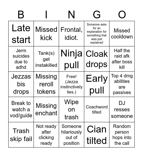 Intent Raid Bingo Card