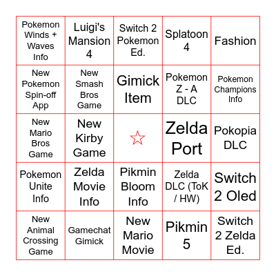 Nintendo Direct Bingo Card