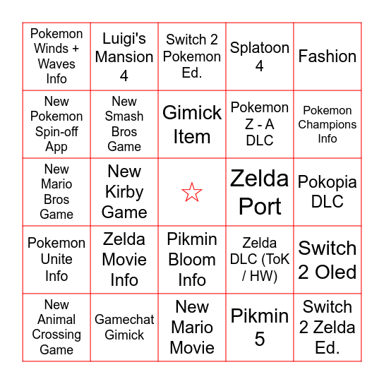 Nintendo Direct Bingo Card