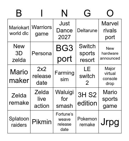 Nintendo Direct Bingo Card