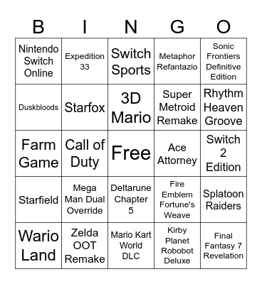 Nintendo direct 09/06/26 Bingo Card