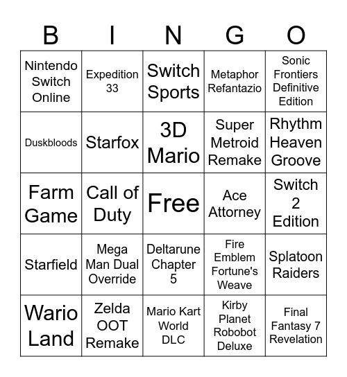 Nintendo direct 09/06/26 Bingo Card